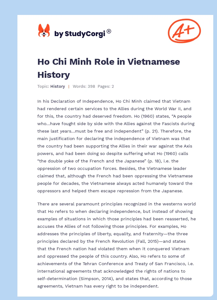 Ho Chi Minh Role in Vietnamese History. Page 1