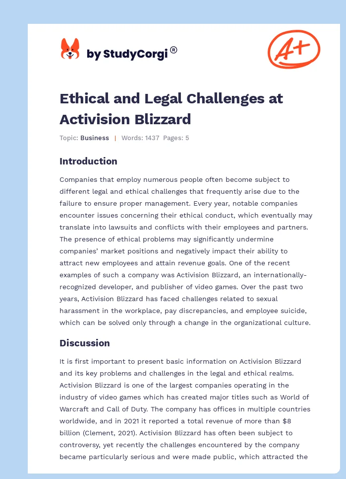 Ethical and Legal Challenges at Activision Blizzard. Page 1