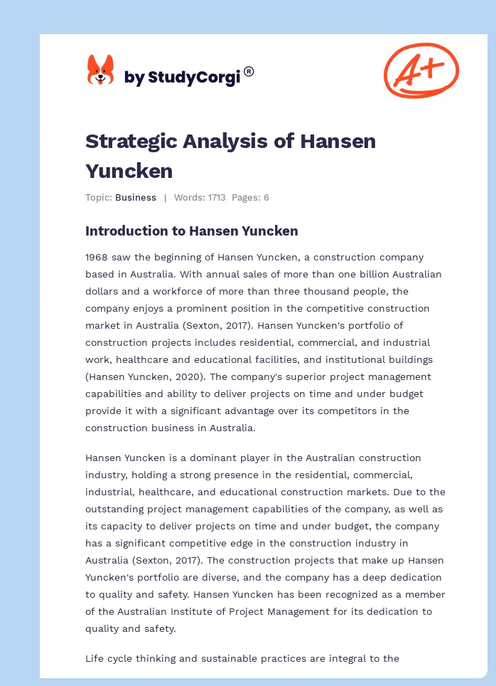 Strategic Analysis of Hansen Yuncken. Page 1
