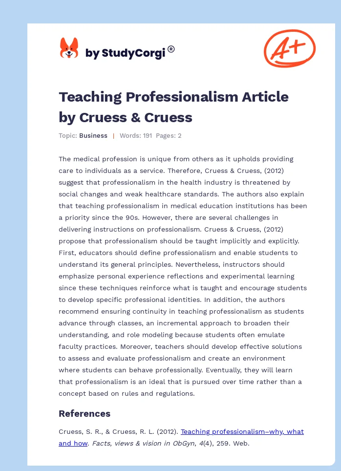 Teaching Professionalism Article by Cruess & Cruess. Page 1