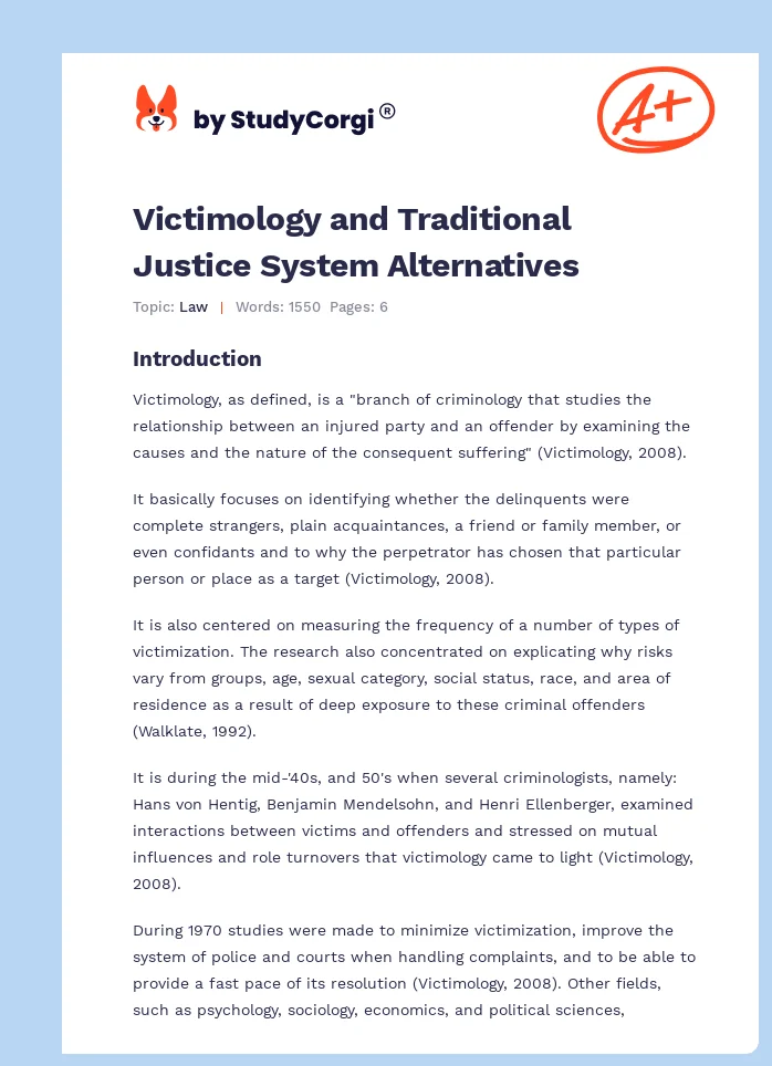Victimology and Traditional Justice System Alternatives. Page 1