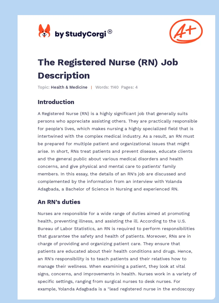 The Registered Nurse (RN) Job Description. Page 1