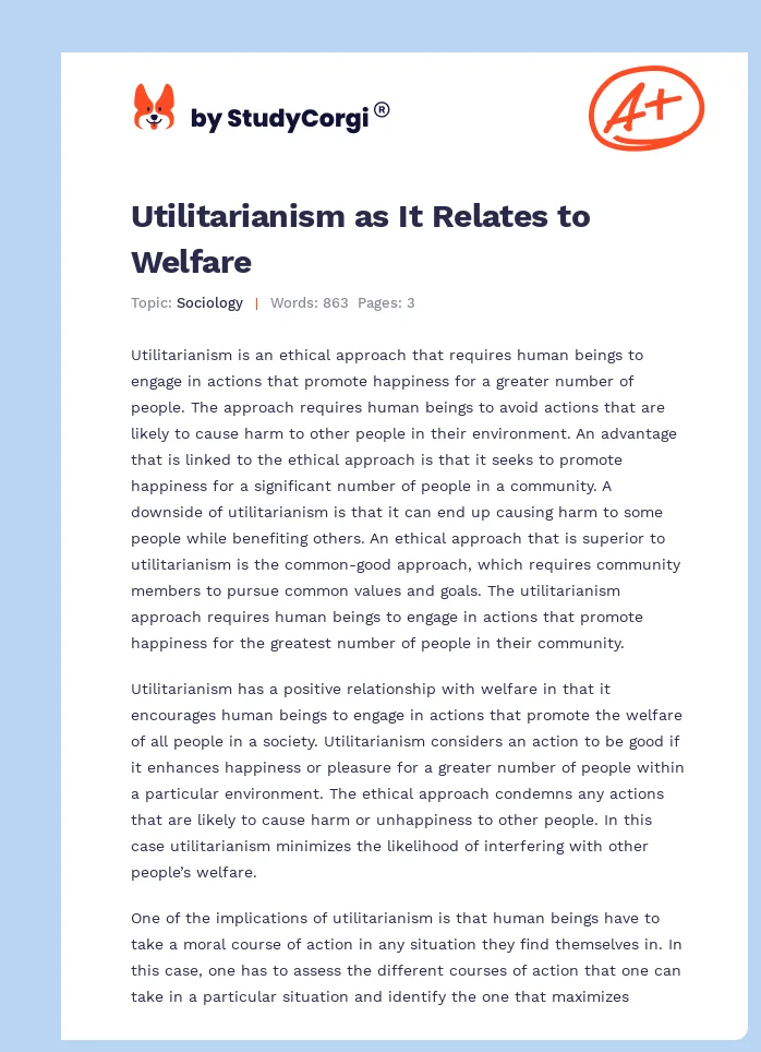 Utilitarianism as It Relates to Welfare. Page 1