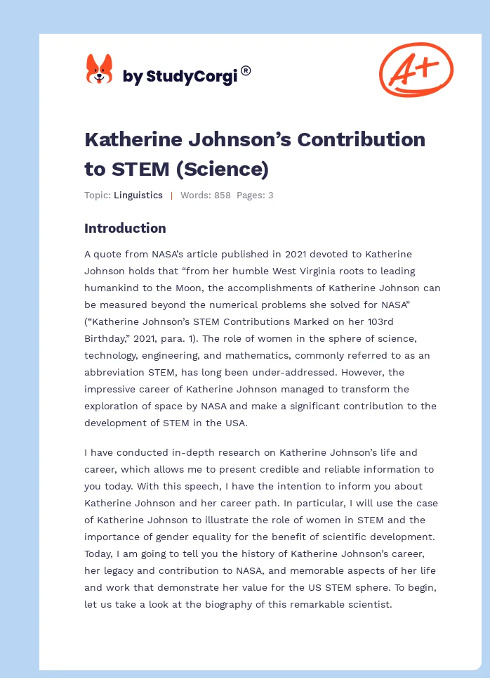 Katherine Johnson’s Contribution to STEM (Science). Page 1