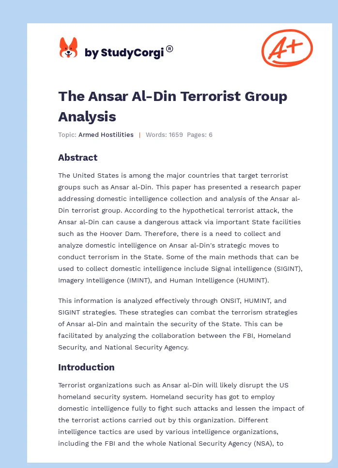 The Ansar Al-Din Terrorist Group Analysis. Page 1
