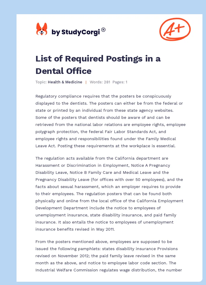 List of Required Postings in a Dental Office. Page 1