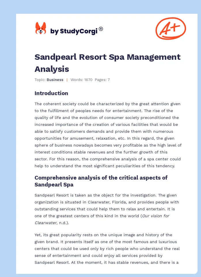Sandpearl Resort Spa Management Analysis. Page 1