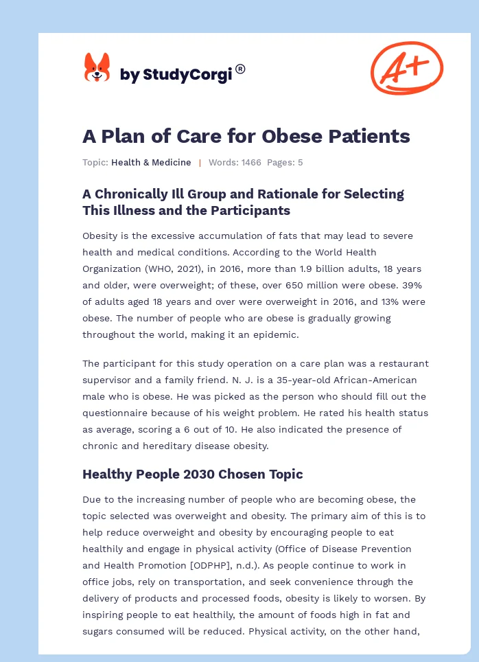 A Plan of Care for Obese Patients. Page 1