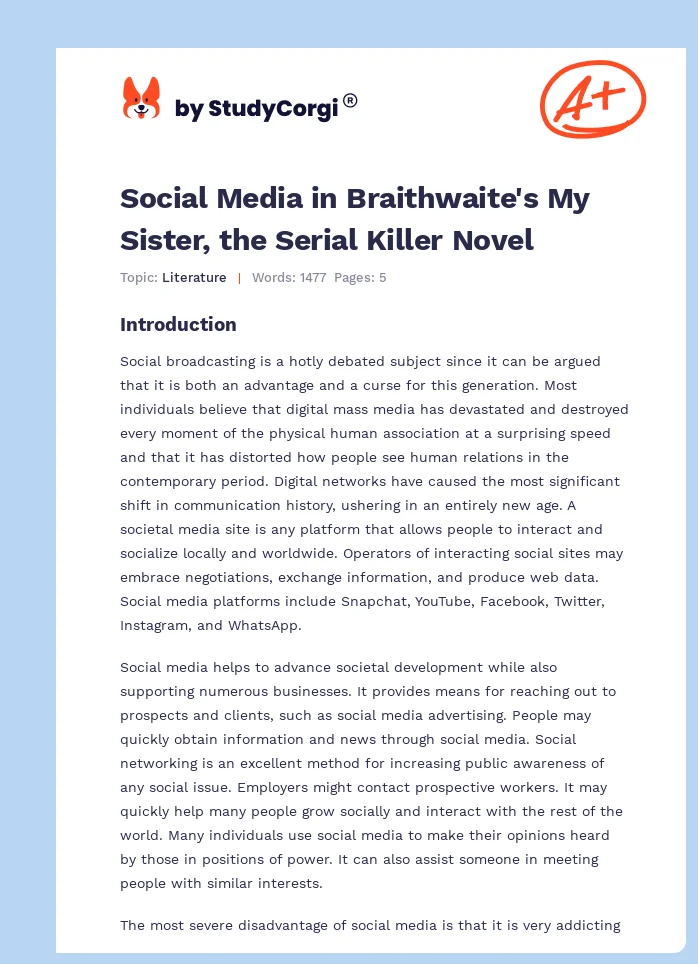 Social Media in Braithwaite's My Sister, the Serial Killer Novel. Page 1