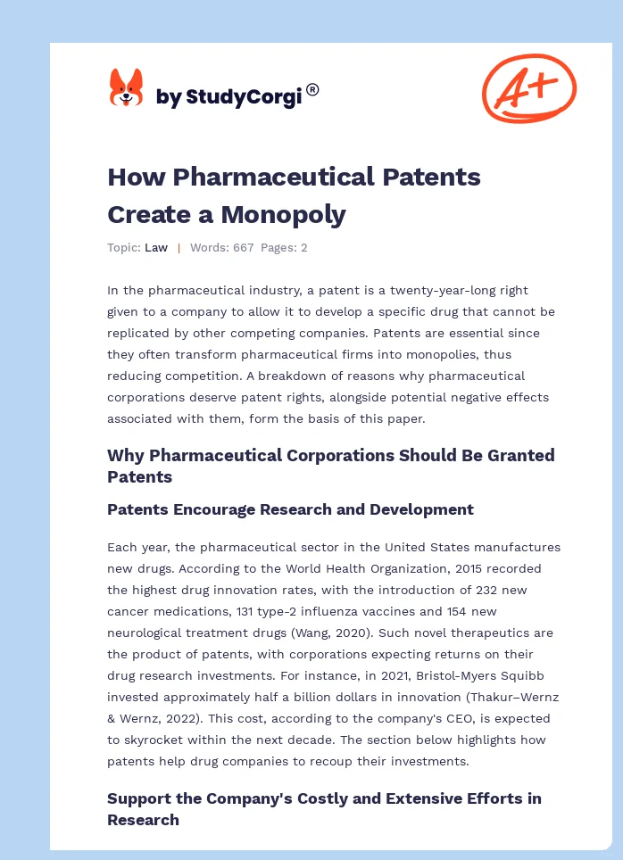 How Pharmaceutical Patents Create a Monopoly. Page 1
