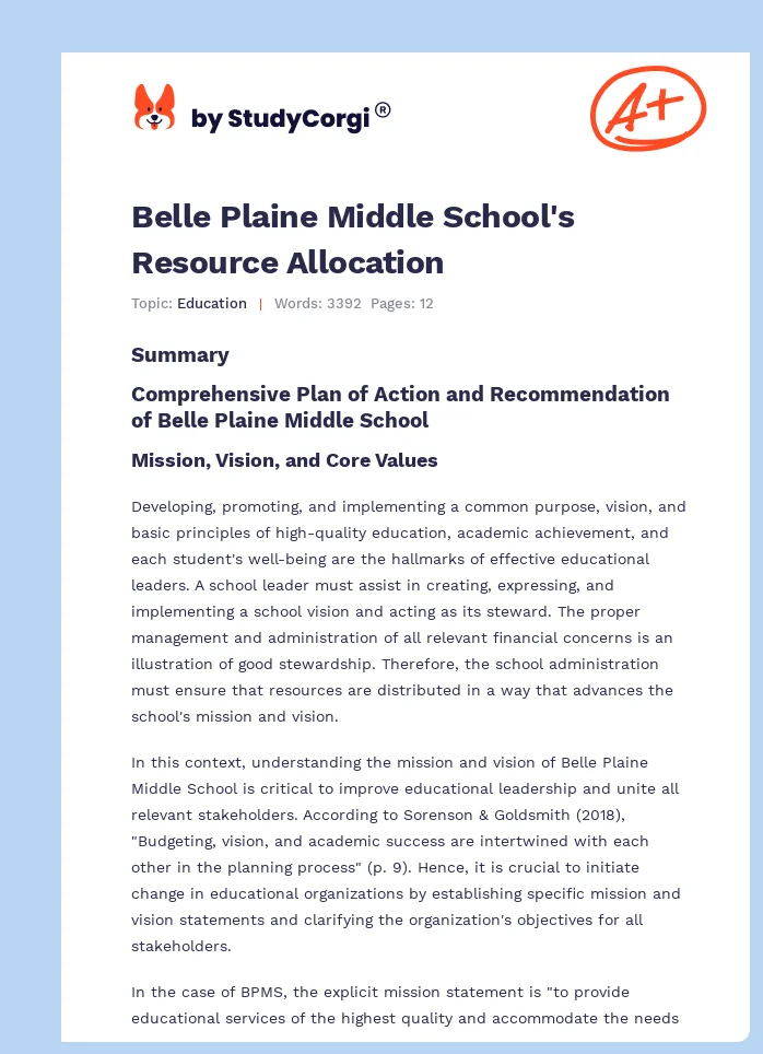 Belle Plaine Middle School's Resource Allocation. Page 1