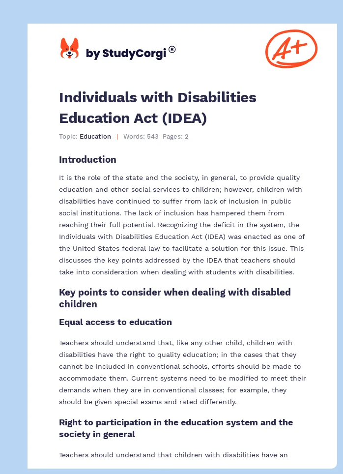 Individuals with Disabilities Education Act (IDEA). Page 1