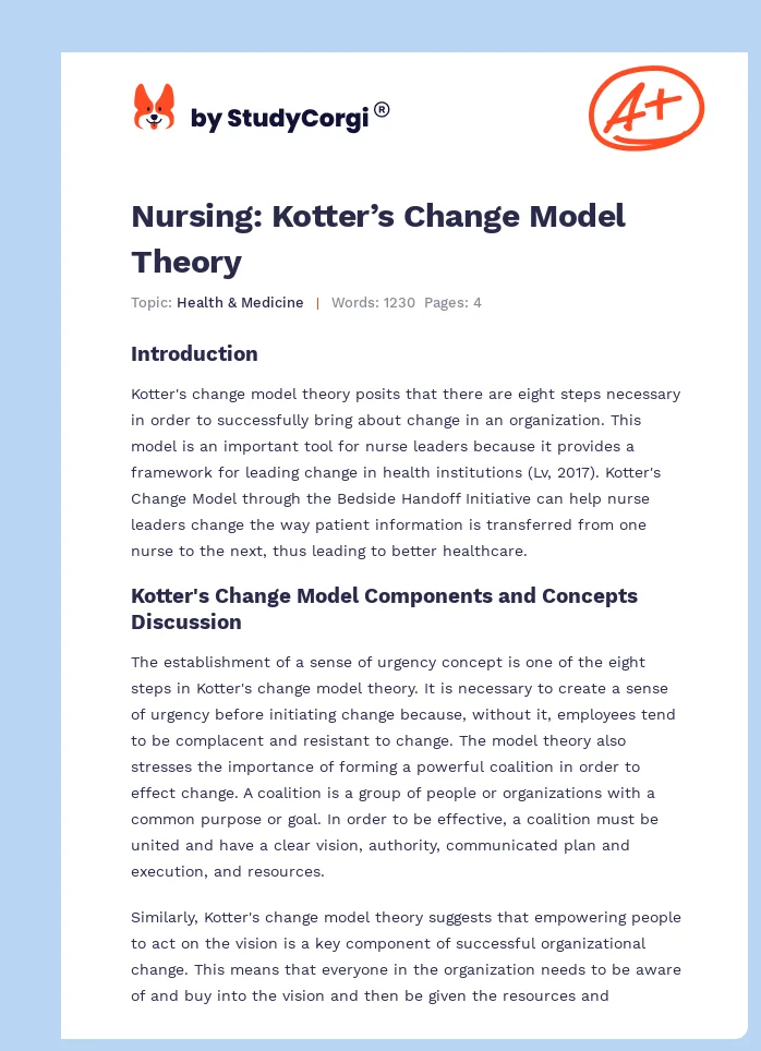 Nursing: Kotter’s Change Model Theory. Page 1