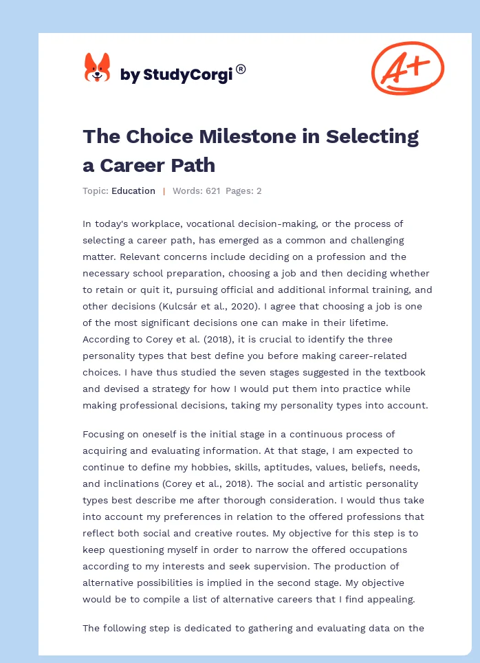 The Choice Milestone in Selecting a Career Path. Page 1
