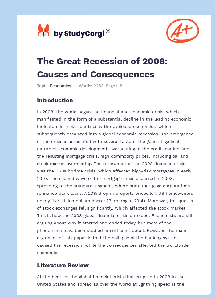 The Great Recession of 2008: Causes and Consequences. Page 1