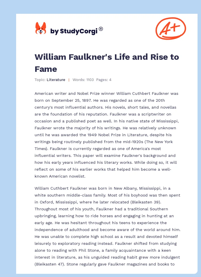 William Faulkner's Life and Rise to Fame. Page 1