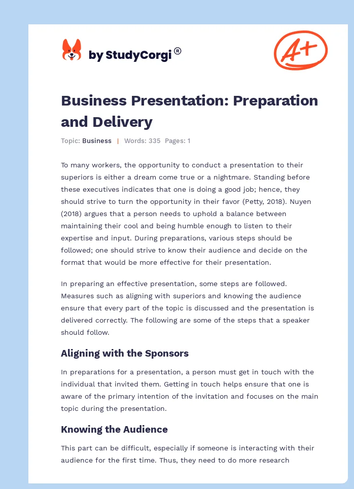 Business Presentation: Preparation and Delivery. Page 1
