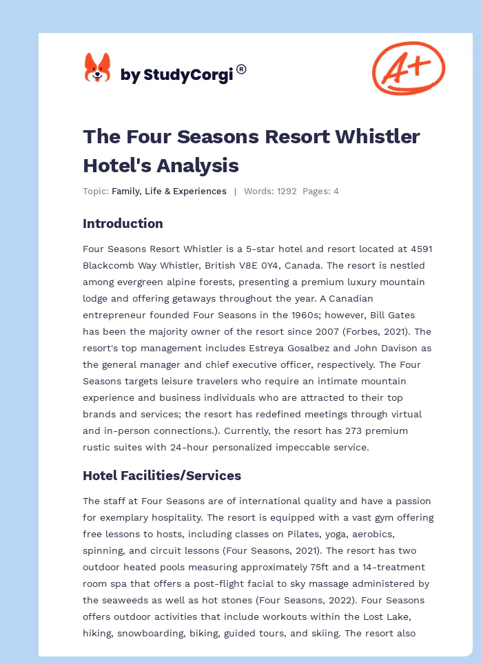 The Four Seasons Resort Whistler Hotel's Analysis. Page 1