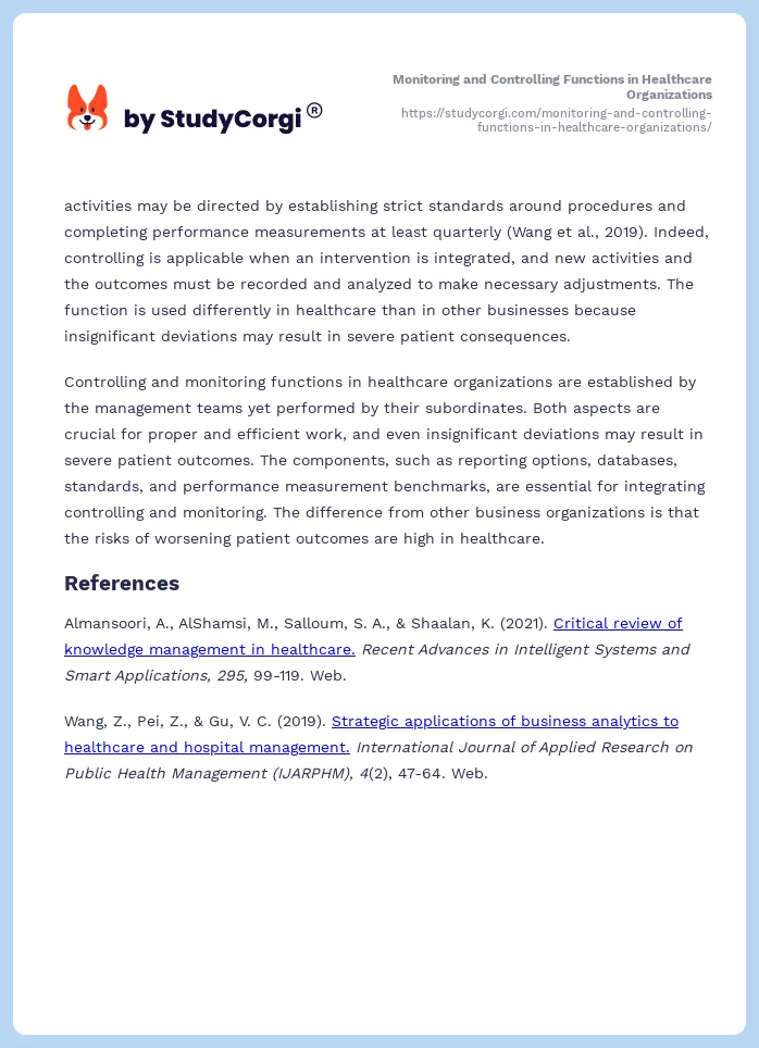 Monitoring and Controlling Functions in Healthcare Organizations. Page 2