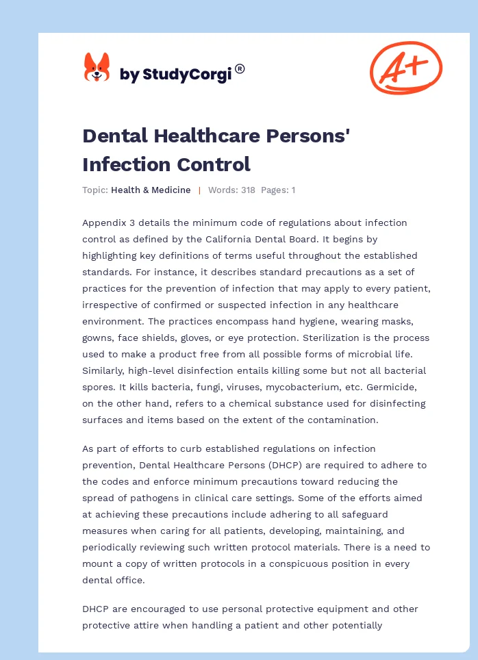 Dental Healthcare Persons' Infection Control. Page 1