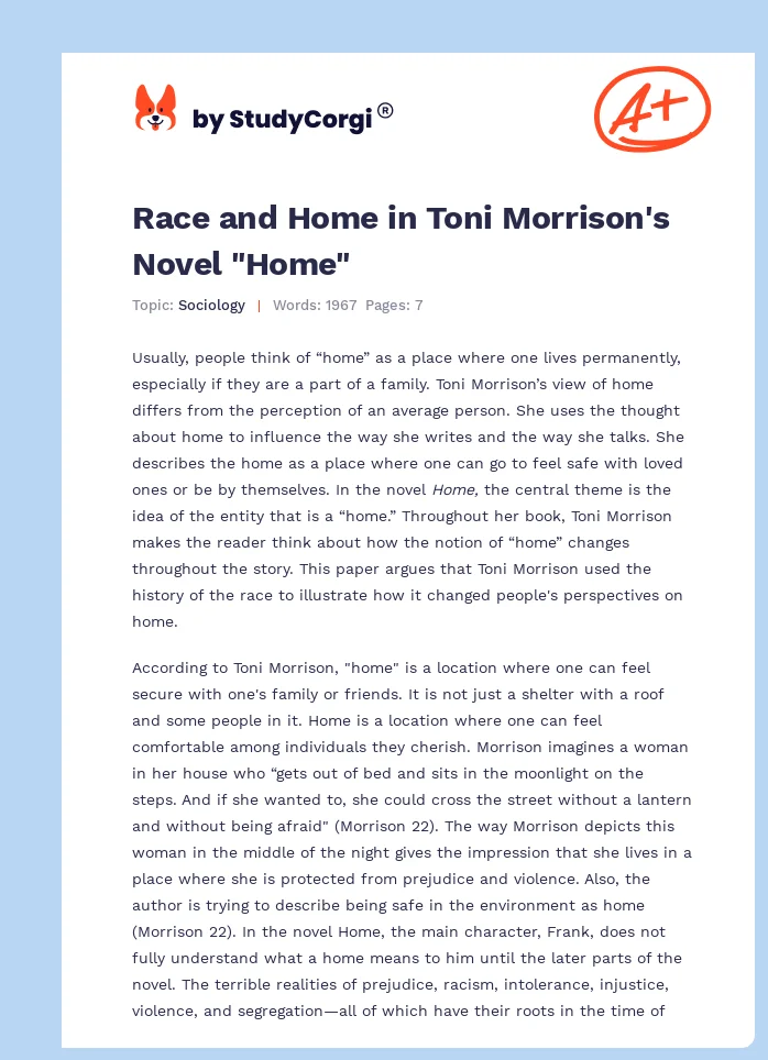 Race and Home in Toni Morrison's Novel "Home". Page 1