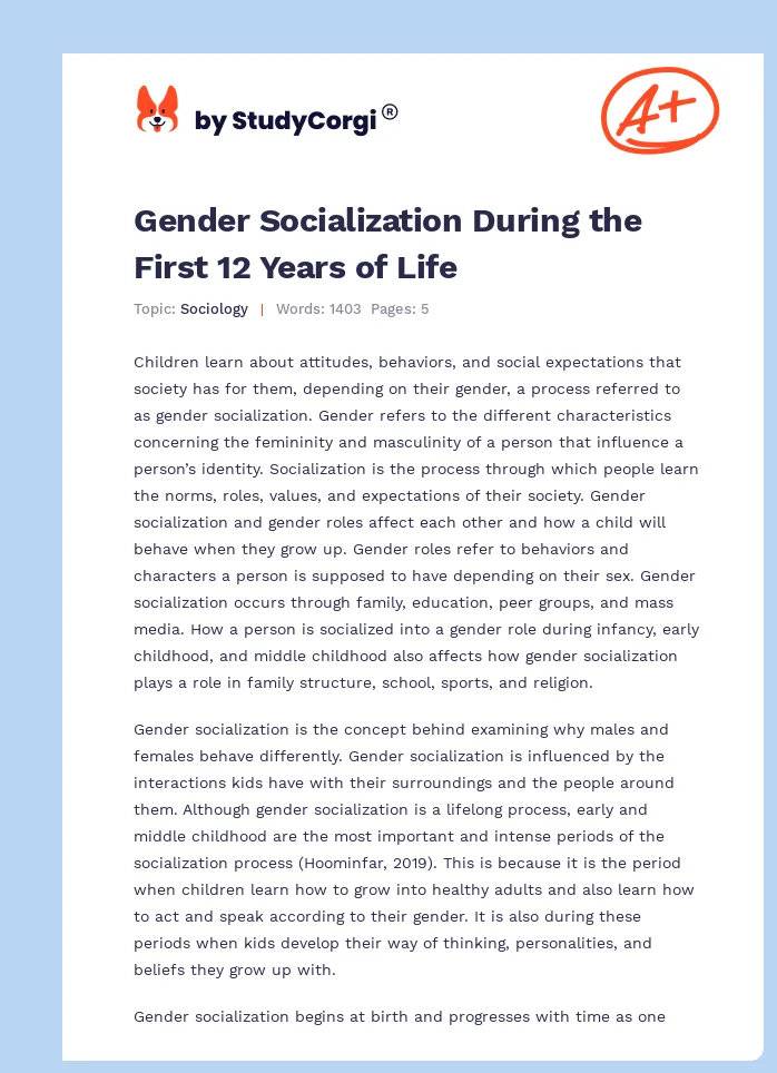 Gender Socialization During the First 12 Years of Life. Page 1