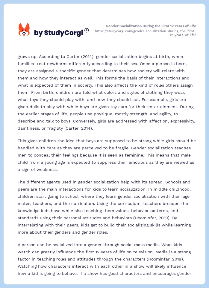 Gender Socialization During the First 12 Years of Life. Page 2