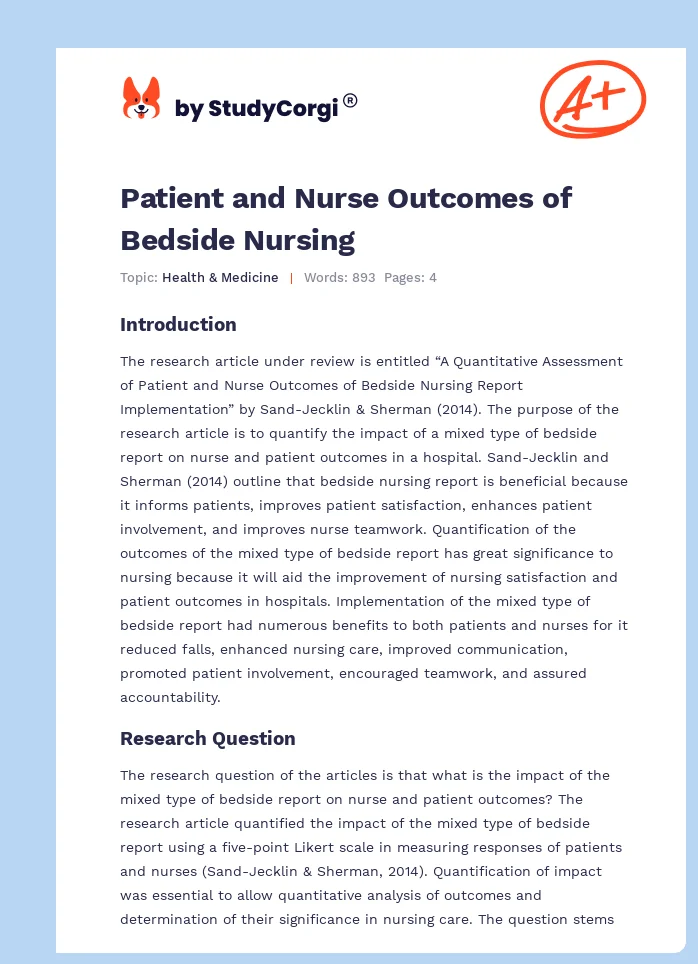 Patient and Nurse Outcomes of Bedside Nursing. Page 1