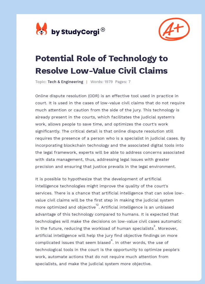 Potential Role of Technology to Resolve Low-Value Civil Claims. Page 1