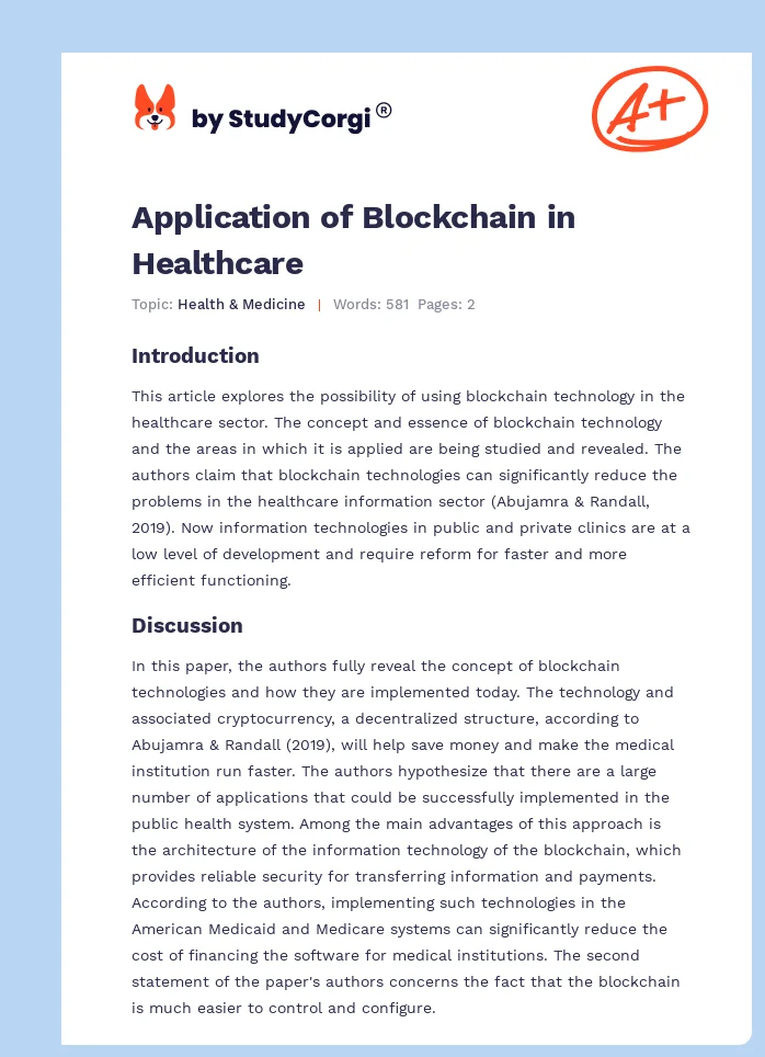 Application of Blockchain in Healthcare. Page 1