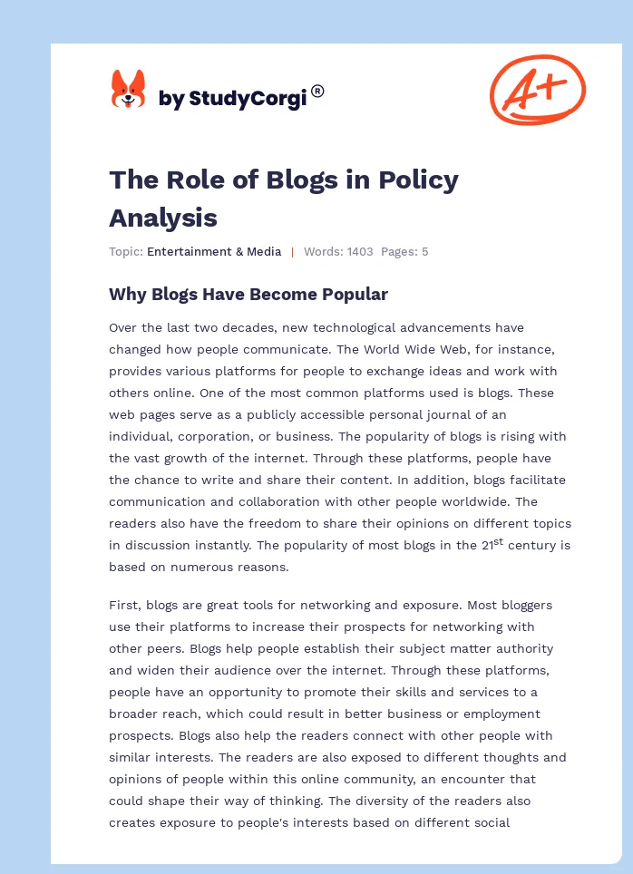 The Role of Blogs in Policy Analysis. Page 1