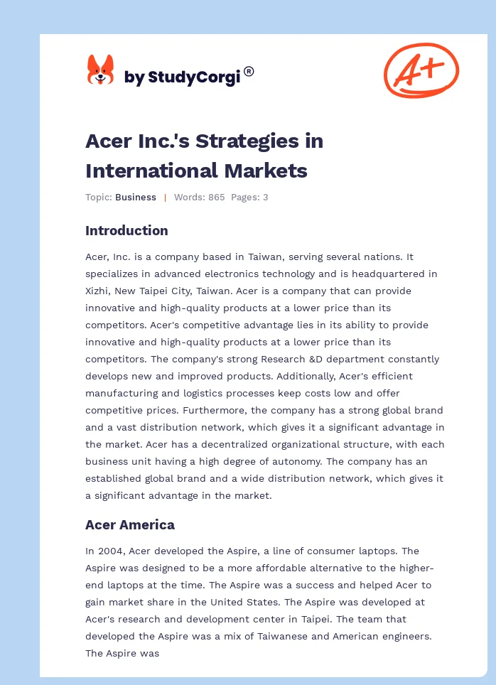 Acer Inc.'s Strategies in International Markets. Page 1