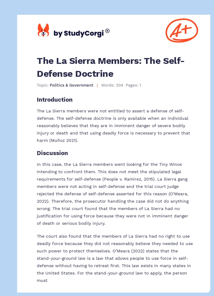 The La Sierra Members: The Self-Defense Doctrine. Page 1