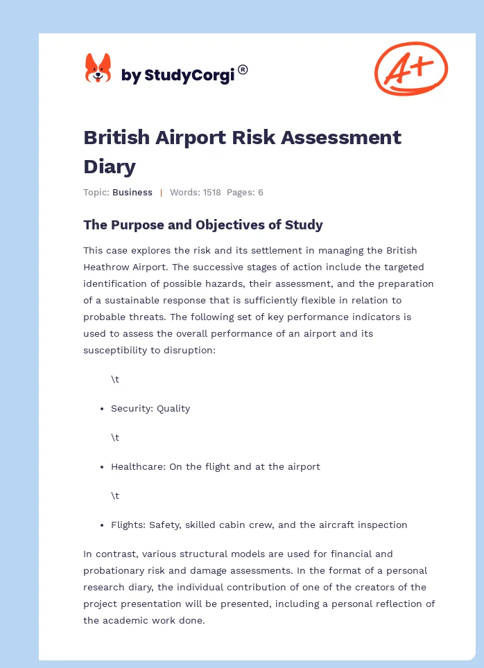 British Airport Risk Assessment Diary. Page 1