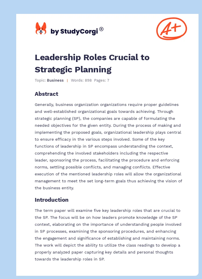 Leadership Roles Crucial to Strategic Planning. Page 1