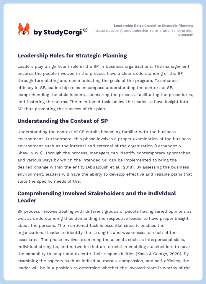 Leadership Roles Crucial to Strategic Planning. Page 2