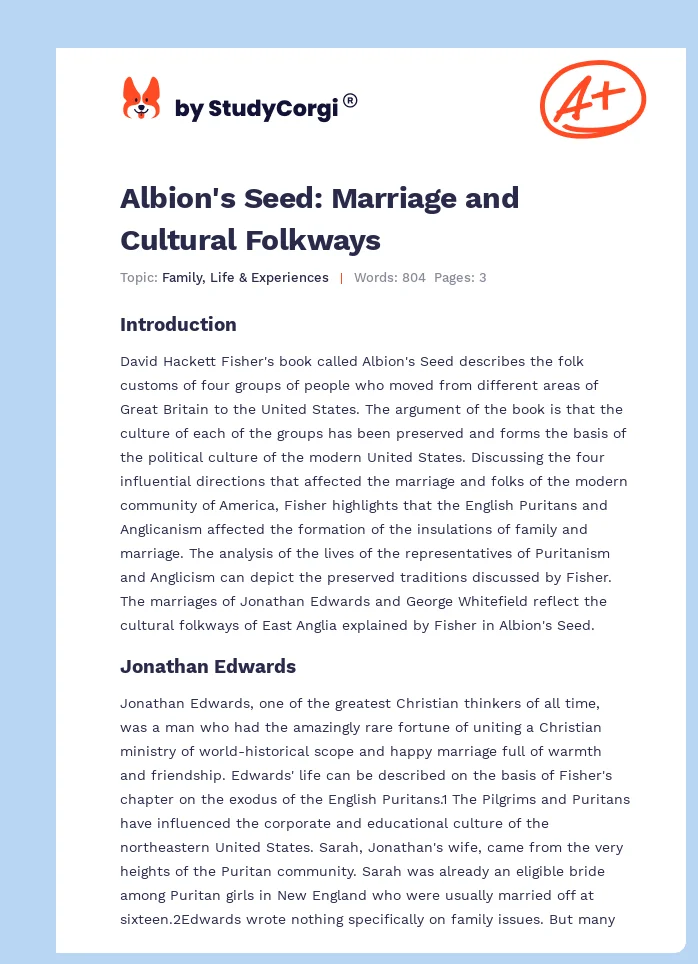 Albion's Seed: Marriage and Cultural Folkways. Page 1
