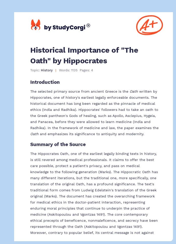 Historical Importance of "The Oath" by Hippocrates. Page 1
