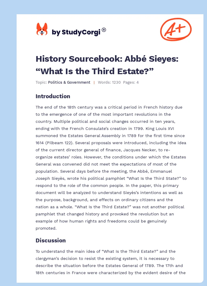 History Sourcebook: Abbé Sieyes: “What Is the Third Estate?”. Page 1