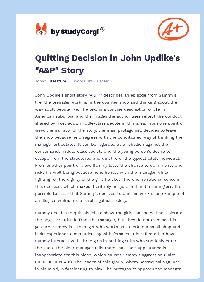 Quitting Decision in John Updike's "A&P" Story. Page 1
