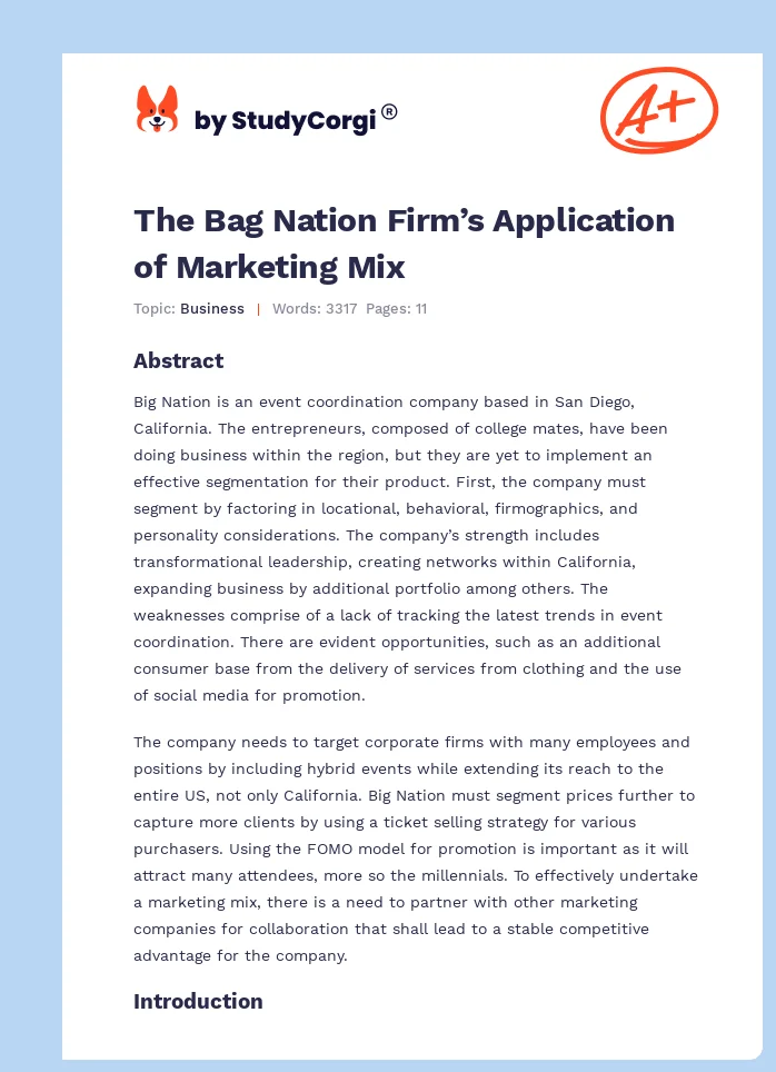 The Bag Nation Firm’s Application of Marketing Mix. Page 1