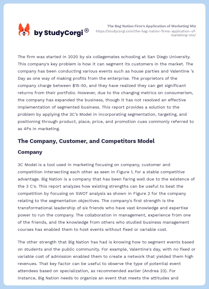 The Bag Nation Firm’s Application of Marketing Mix. Page 2