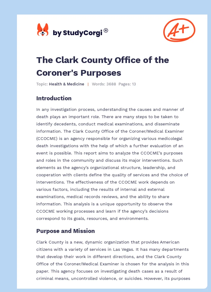 The Clark County Office of the Coroner's Purposes. Page 1