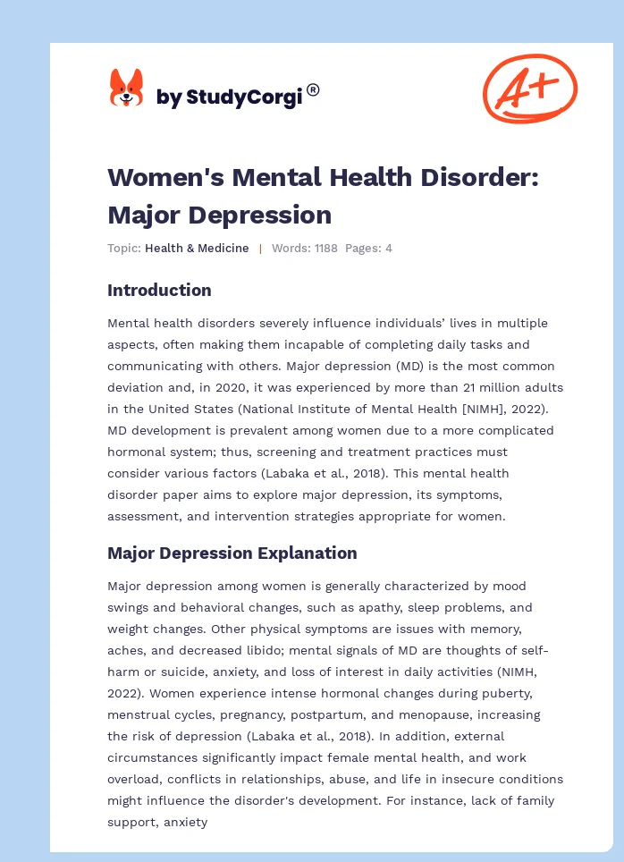 Women's Mental Health Disorder: Major Depression. Page 1