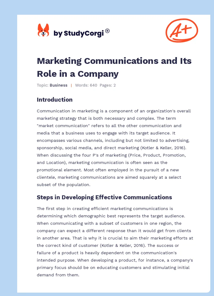 Marketing Communications and Its Role in a Company. Page 1