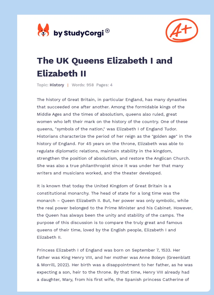 The UK Queens Elizabeth I and Elizabeth II. Page 1