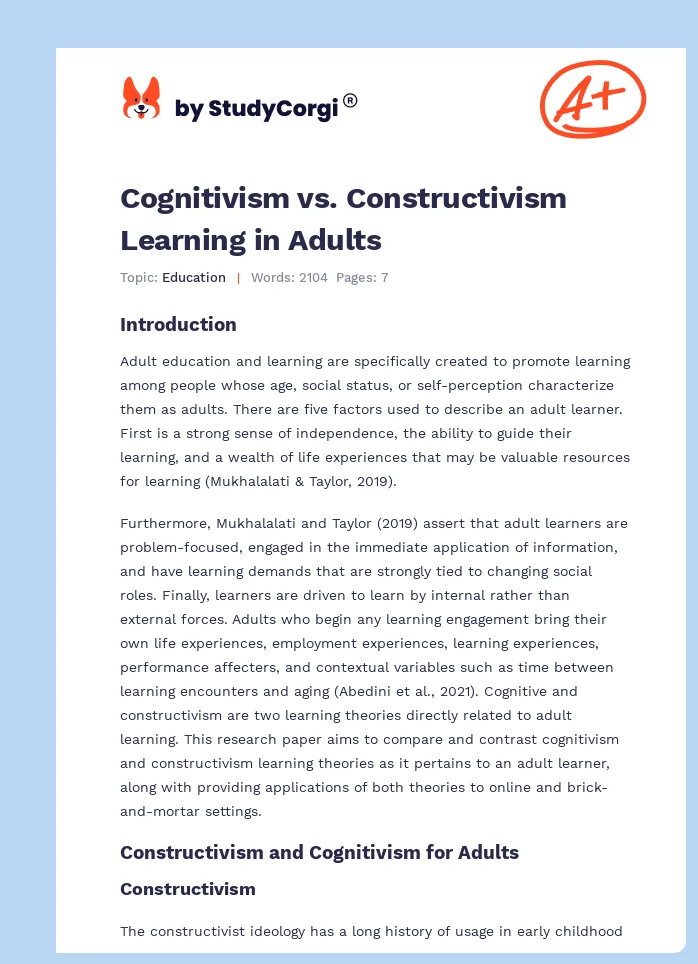 Cognitivism vs. Constructivism Learning in Adults. Page 1