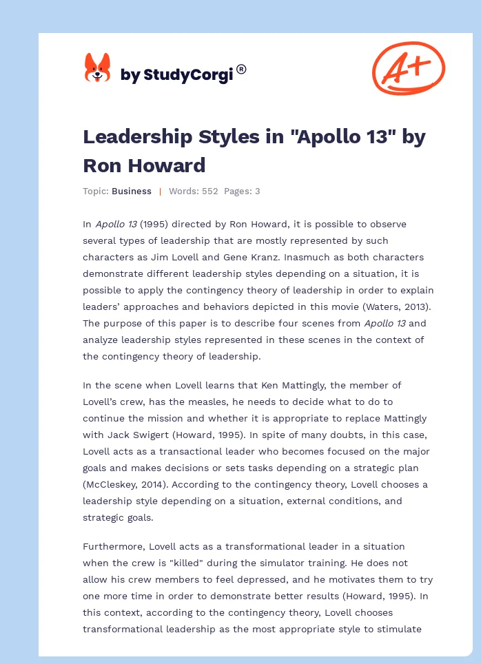 Leadership Styles in "Apollo 13" by Ron Howard. Page 1