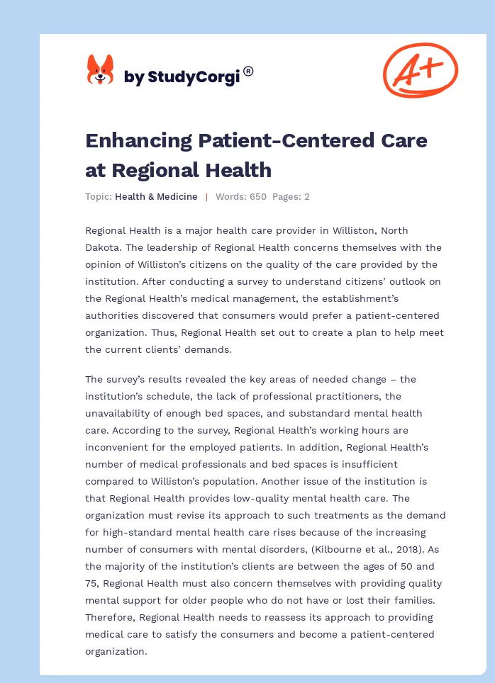 Enhancing Patient-Centered Care at Regional Health. Page 1