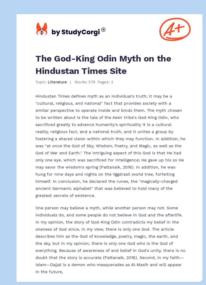 The God-King Odin Myth on the Hindustan Times Site. Page 1